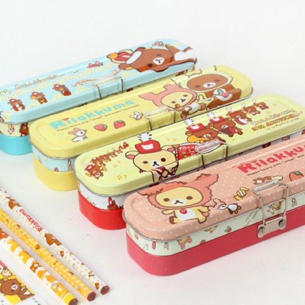 Cute Rilakkuma Bear Metal Tin Double Pencil Case Cute Pen Box School Stationary - Picture 10 of 10
